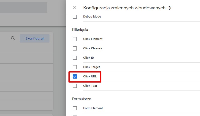 Konfigurowanej zmiennej wbudowanej - click url