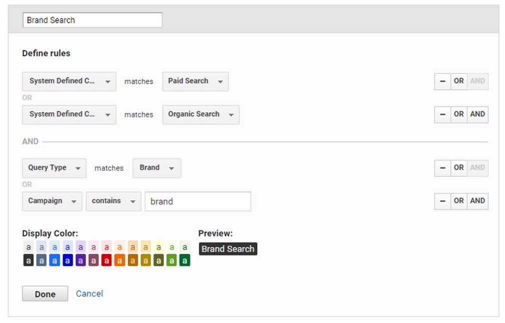 Przykładowe ustawienia reguł dla kanału „Brand Search”